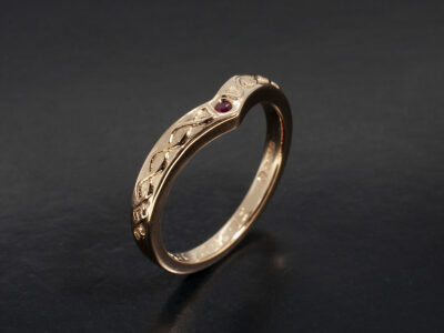 Ladies Wishbone Shape Wedding Ring, 18kt Rose Gold Fitted Design with Celtic Pattern, Secret Set Round Brilliant Cut Ruby