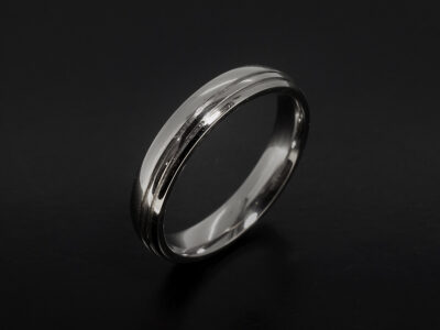 Gents Polished Wedding Ring, Platinum Court Shape 4mm Design, Double Groove Detail with Polished Finish