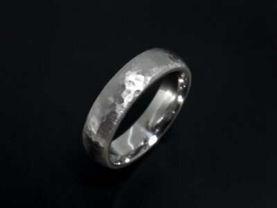 Gents Textured Wedding Ring, Platinum Court Shape Design, Hammered Matt Finish