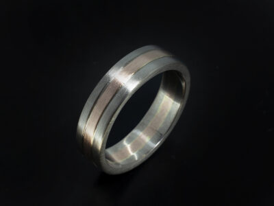 Gents Two Tone Wedding Ring, 18kt White and Rose Gold 6mm Design, Brushed Finish with Grooved Detail