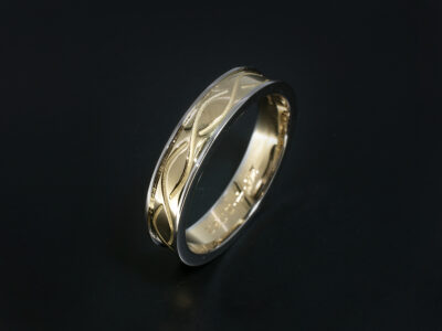 Gents Two Tone Wedding Ring, 18kt Yellow Gold and Platinum Celtic 5mm Design