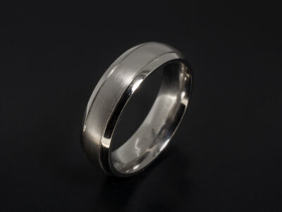 Gents Wedding Band, Platinum Court Shape 6mm Design, Double Groove Detail