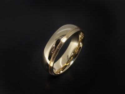 Gents Wedding Ring, 18kt Yellow Gold Court Shape Design, Offset Tramline Detail, Polished and Brushed Finish