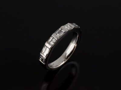 Ladies Diamond Wedding Ring, Platinum Bar Set Design, Baguette and Carre Cut Diamonds