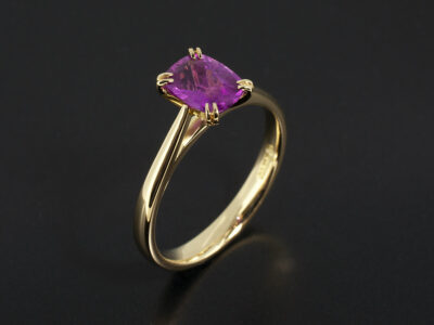 Ladies Pink Sapphire Ring, 18kt Yellow Gold Double Claw Set Design, Cushion Cut Pink Sapphire 1.53ct, Gapped Shoulder Detail