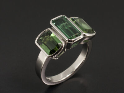 Ladies Trilogy Emerald Dress Ring, Platinum Rub over Set Design, Octagonal Tourmaline 1.03ct, Step Cut Tourmaline Side Stones 3.23ct (2)