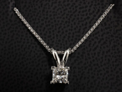 9kt White Gold 4 Claw Set Solitaire Pendant, Princess Cut Diamond 0.50ct, Double Bale Detail