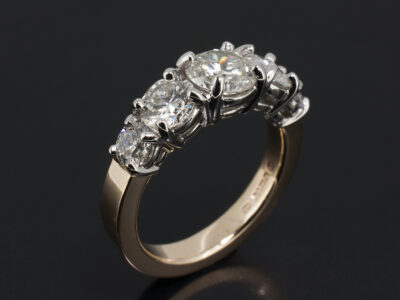 Ladies 5 Stone Diamond Dress Ring, Platinum and Yellow Gold Claw Set Design, Round Brilliant Cut Diamonds 1.15ct, 1.13ct (2), 0.32ct, Round Brilliant Cut Diamond 0.25ct, F Colour, SI Clarity