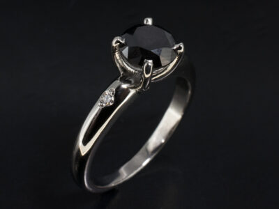 Ladies Black Diamond Engagement Ring, Platinum 4 Claw Set Design, Round Brilliant Cut Black Diamond 1.20ct, Round Brilliant Cut Diamond Sides 0.04ct Total, F Colour, VS Clarity Min