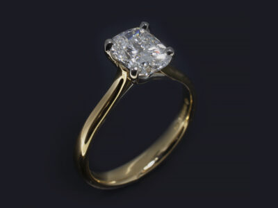 Ladies Solitaire Diamond Engagement Ring, Platinum and 18kt Yellow Gold Claw Set Design, Cushion Cut Lab Grown Diamond 1.56ct, E Colour VS2 Clarity, Ex Polish, Ex Symmetry