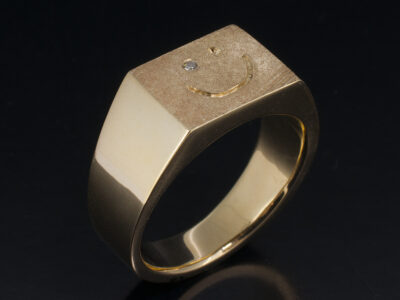 Gents Signet Wedding Ring, 14kt Yellow Gold, Smiley Face Design with Single Set Diamond and Brushed Finish Surface Detail