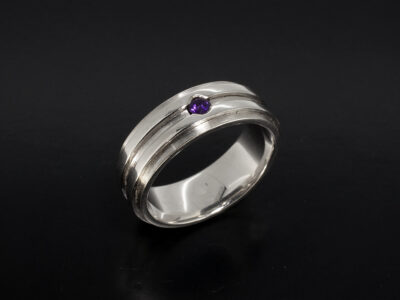 Gents Sterling Silver Dress Ring, Raised Band Detail with Single Round Brilliant Cut Amethyst, 3mm
