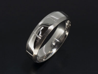 Gents Wedding Ring, Platinum Chamfered Edge Design, 6mm Width, Brushed and Polished Finish with Grooved Line Detailing