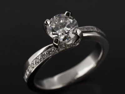 Ladies Diamond Engagement Ring, Platinum 4 Claw Twist Design with Pavé Offset Shoulders, Round Brilliant Cut Diamond 0.82ct, Round Brilliant Cut Diamonds 0.15ct (16), 0.025ct (10), F Colour, VS Clarity