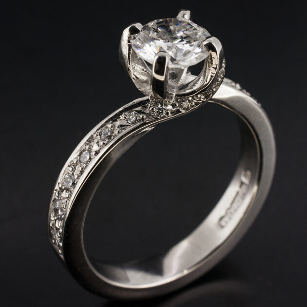 Ladies Lab Grown Diamond Engagement Ring, Platinum Pavé and 4 Claw Twist Set Design, Round Brilliant Cut Lab Grown Diamond 0.90ct , E Colour, VS1 Clarity, Round Brilliant Cut Lab Grown Diamond Sides