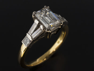 Ladies Lab Grown Diamond Engagement Ring, Platinum and 18kt Yellow Gold Double Claw and Rub over Set Design, Emerald Cut Lab Grown Diamond 1.31ct, FVVS1, Baguette Cut Lab Grown Diamonds 0.17ct Total (4), FVS, Princess Cut Lab Grown Diamonds 0.14ct Total (2)