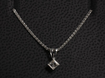 9kt White Gold Rub over Compass Set Solitaire Diamond Pendant, Princess Cut Diamond 0.13ct, Split Bale Detail