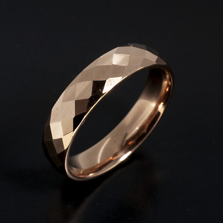 Court Shape Gents Wedding Ring in 9kt Rose Gold with Faceted Harlequin Surface Detail, 5mm-on black