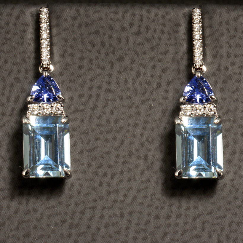 Diamond, Aquamarine and Tanzanite Drop Earrings in 18kt White Gold