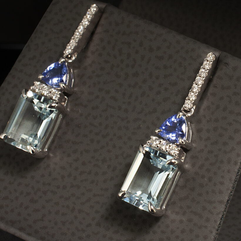 Diamond, Aquamarine and Tanzanite Drop Earrings in 18kt White Gold