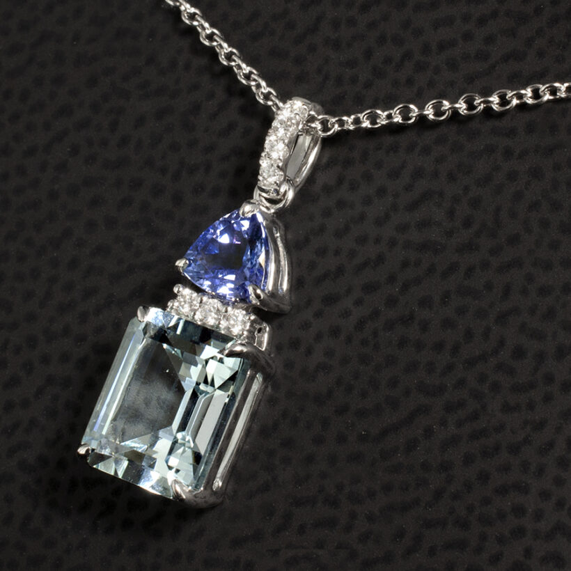 Diamond, Aquamarine and Tanzanite Drop Pendant in 18kt White Gold