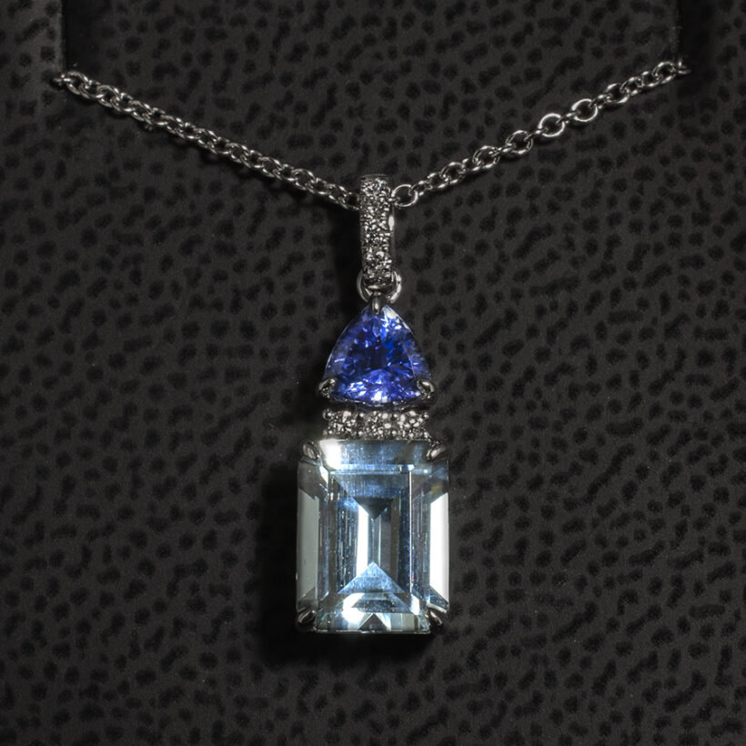 Diamond, Aquamarine and Tanzanite Drop Pendant in 18kt White Gold