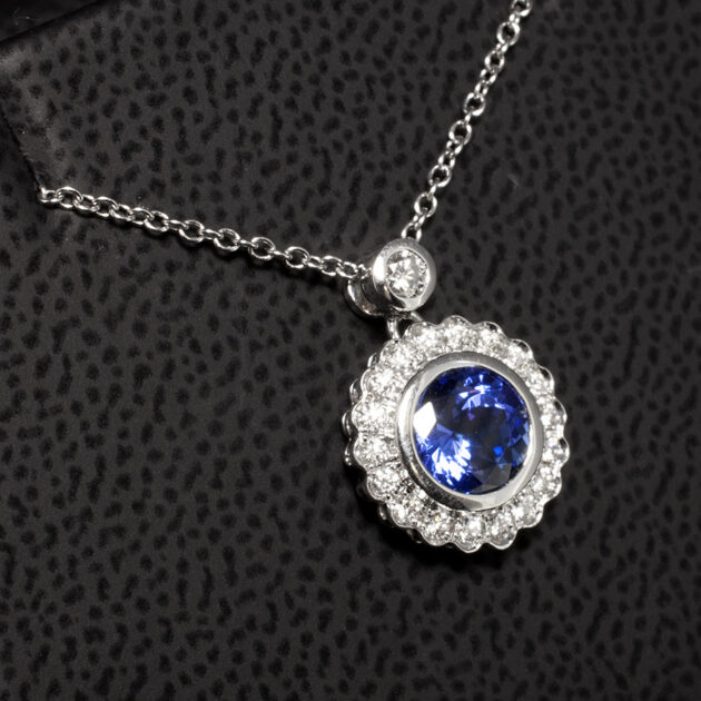 Diamond and Tanzanite Halo Pendant, in 18kt White Gold with Scalloped Halo and Diamond Set Bale
