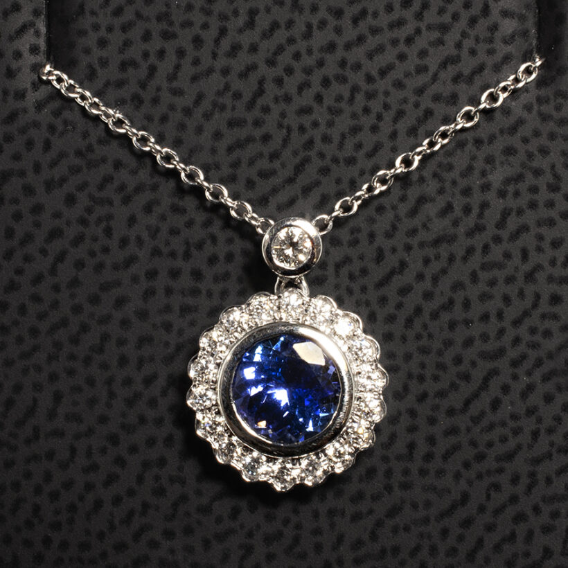 Diamond and Tanzanite Halo Pendant, in 18kt White Gold with Scalloped Halo and Diamond Set Bale