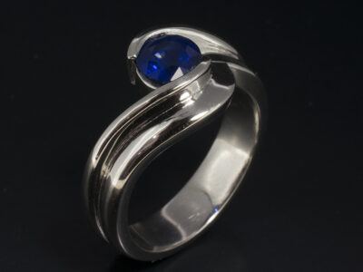 Gents Blue Sapphire Solitaire Dress Ring, Platinum Half Rub over Set Double Fitted Design, Round Brilliant Cut Blue Sapphire 0.99ct