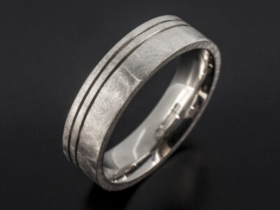 Gents Wedding Band, Platinum Easy Fit Design, Offset Tramlines x2, Heavy Brushed Finish, 6mm