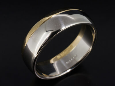Gents Wedding Ring, Platinum and 18kt Yellow Gold Court Shape Design, Grooved Line Detail, 6mm Width