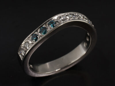 Ladies Blue and White Diamond Wedding Ring, Platinum Pavé Set Wave Design, Round Brilliant Cut 0.28ct (10), Round Brilliant Cut Blue Diamonds 0.08ct (3)