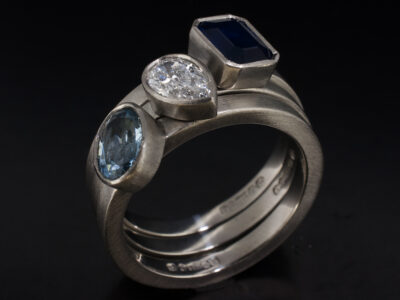 Ladies Diamond and Coloured Stone Eternity Ring, Platinum Rub over Set Stacking Design, Pear Cut Lab Grown Diamond 0.54ct, Octagonal Cut Sapphire 1.18ct, Oval Cut Aquamarine 0.63ct