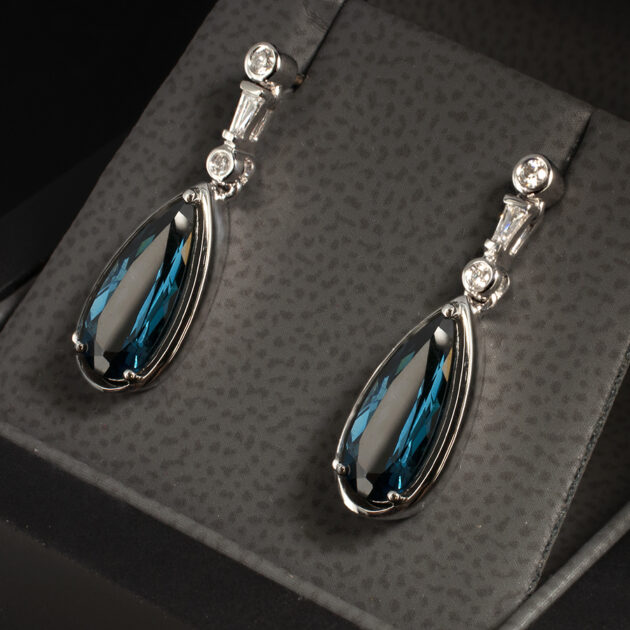 London Blue Topaz Teardrop Earrings with Diamond Accents, 18kt White Gold, Post and Scroll Fittings