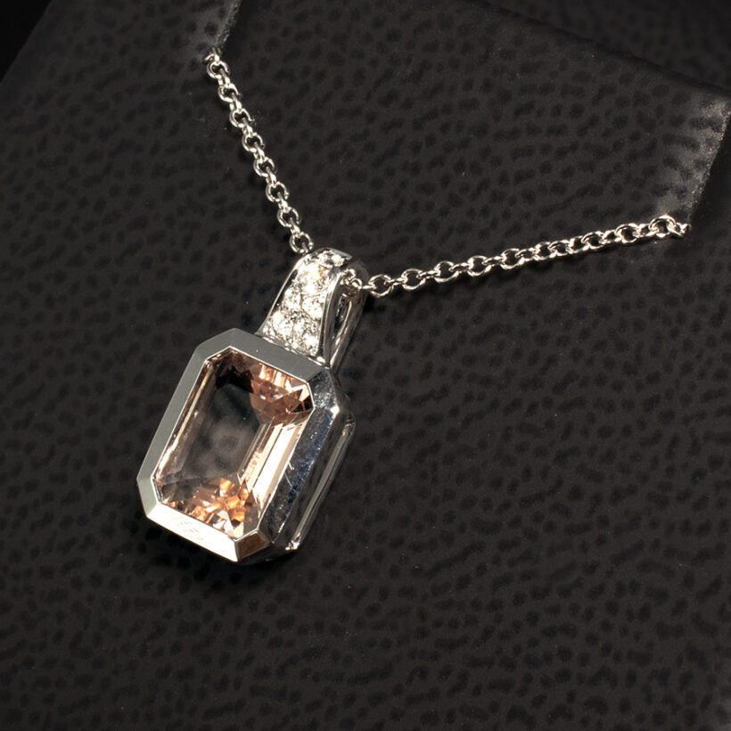 Morganite Drop Pendant with Diamond Detail on18kt White Gold Chain