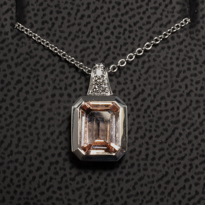 Morganite Drop Pendant with Diamond Detail on18kt White Gold Chain