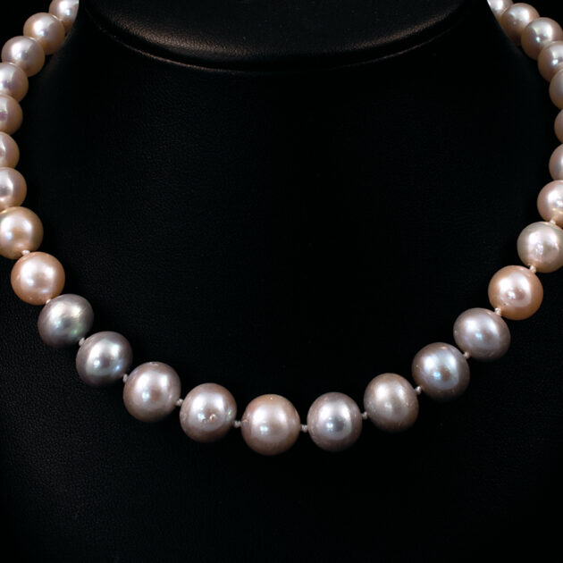Two Tone Graduated Pearl Necklace with White and Grey Freshwater Pearls