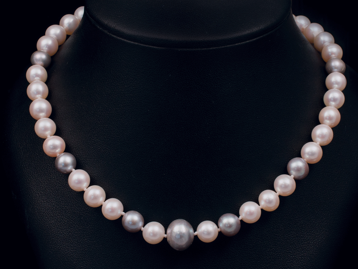Two Tone Pearl Necklace in White and Accent Grey Freshwater Pearls with