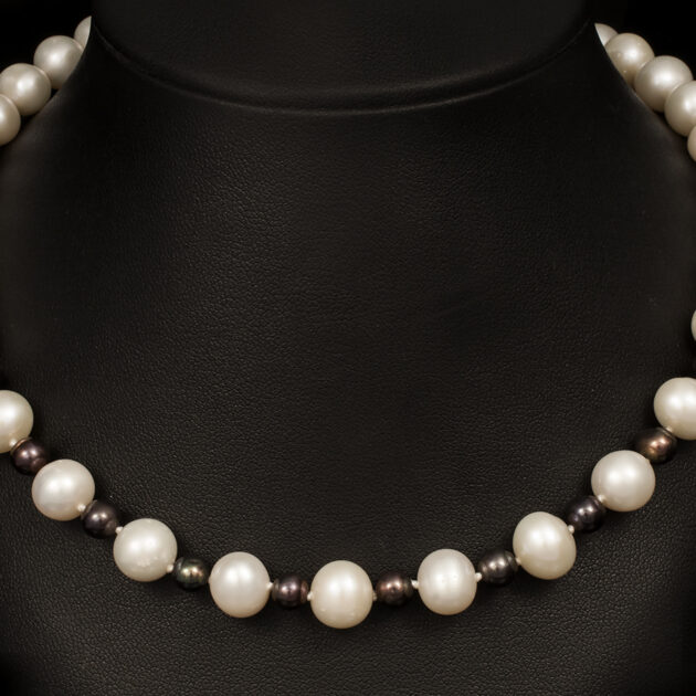 Two Tone Freshwater Tahitian White Pearl Necklace With Accent Grey Pearls, 5.5-9mm With A Silver C Clasp, 18 Inch