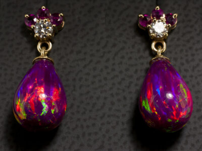 9kt Yellow Gold Claw Set Drop Design Earrings, Tear Drop Opals, Round Rubies, Round Briliant Cut Lab Grown Diamonds 3.2mm