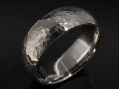 Gents Wedding Ring, Platinum 7mm Court Shaped Design, Hammered Texture Finish