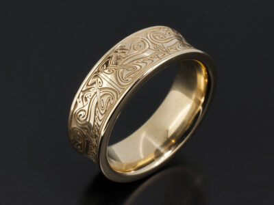 Gents Wedding Ring, 9kt Yellow Gold Concave Design, Celtic Pattern Detail