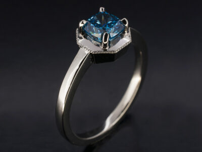 Ladies Blue Diamond Dress Ring, Platinum Claw Set Hexagon Design, Cushion Cut Fancy Dark Blue Lab Grown Diamond, 1.04ct.