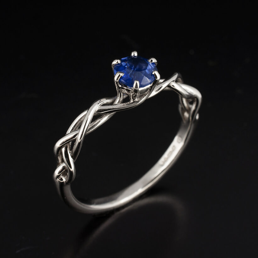 Ladies Solitaire Blue Sapphire Dress Ring, 9kt White Gold 6 Claw Set Lattice Design, Round Cut Blue Sapphire 0.70ct