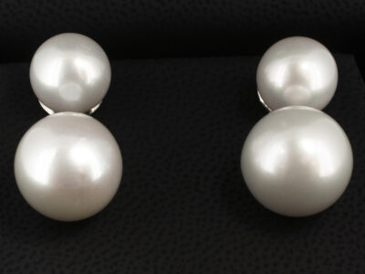 Platinum Pearl Drop Studded Earrings, White Cultured River Pearls 11mm-14mm