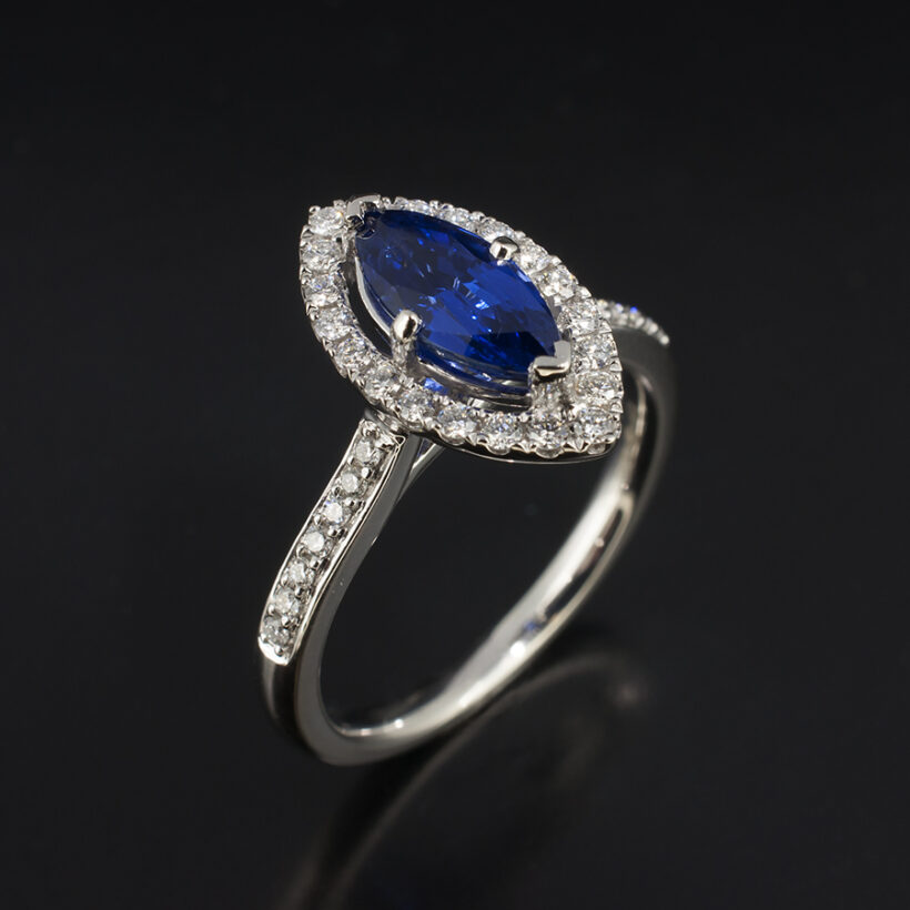 Marquise Cut Blue Sapphire Halo Design Ring, Platinum Set with Round Brilliant Cut Diamonds