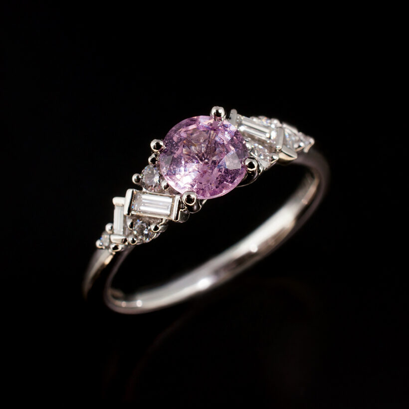 Pink Sapphire Dress Ring with Baguette Cut Diamond Shoulders, Platinum Claw Set Design