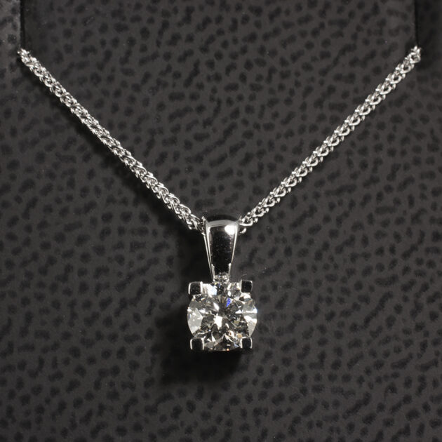 Solitaire Lab Grown Diamond Pendant, 4 Claw Set in 18kt White Gold Round Brilliant Cut Diamond 0.50ct, 18kt White Gold Spiga Chain