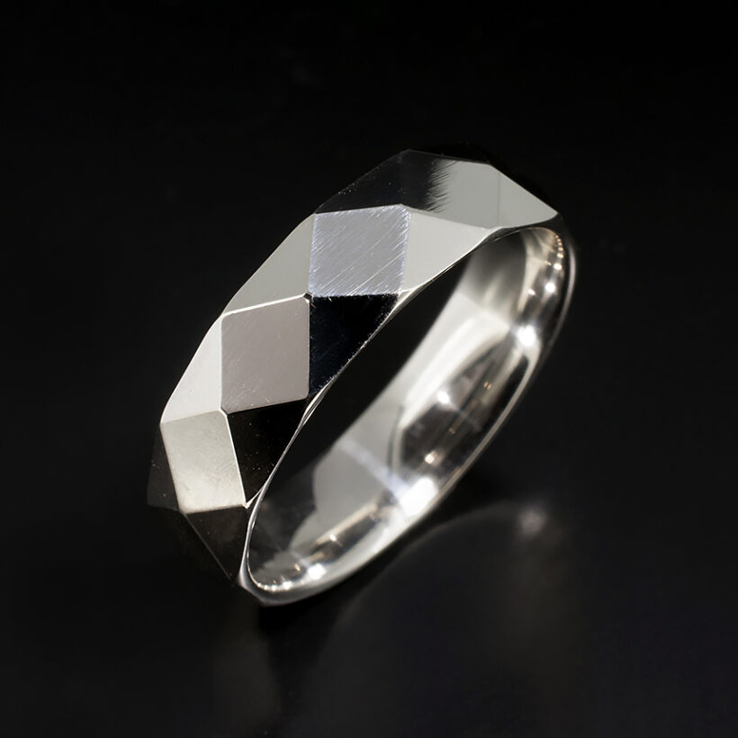 Gents Platinum Court Shaped Wedding Ring, 6mm Width Faceted Design Size V