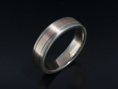 Gents Two Tone Wedding Ring, 18kt Rose and White Gold Grooved Design, 5mm Width